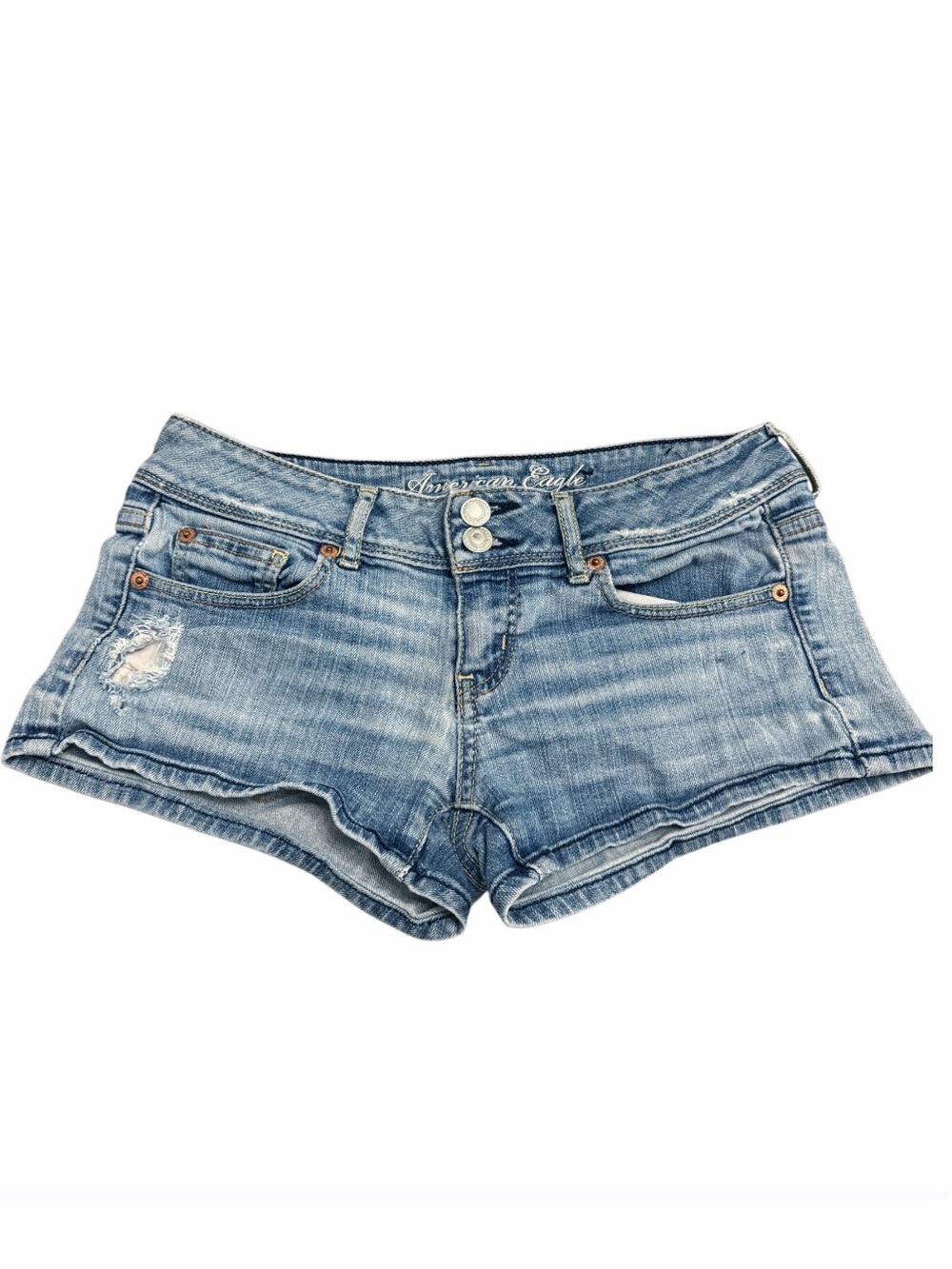Vintage AEO low rise denim shorts, distressed, back flap pockets, Size 2